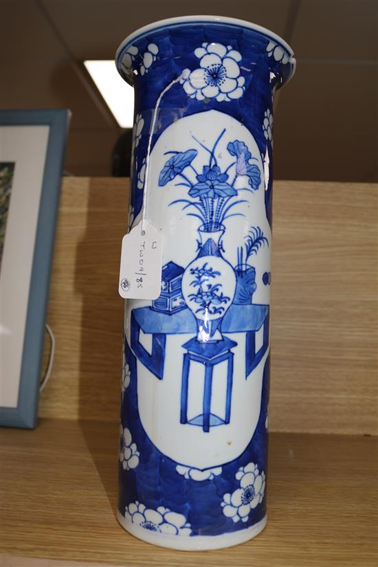 A 19th century Chinese blue and white sleeve vase, H 36cm (rim chips)